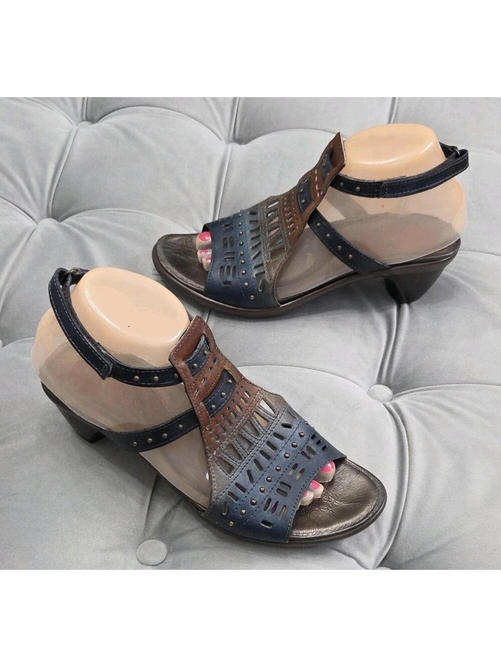NAOT Vogue Cut Out Strappy Blue Brown Leather Slingback Sandals Womens Shoe 39 8